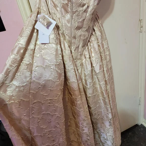 Azazie Strapless Floral Jacquard Midi Dress in Vintage Blush Champagne - Picture 3 of 8